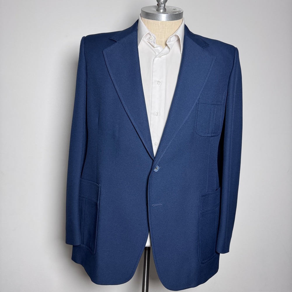 1970s Tall & Big Blazer Mens 46L Blue Solid Vintage 70s Two Button Sport Coat